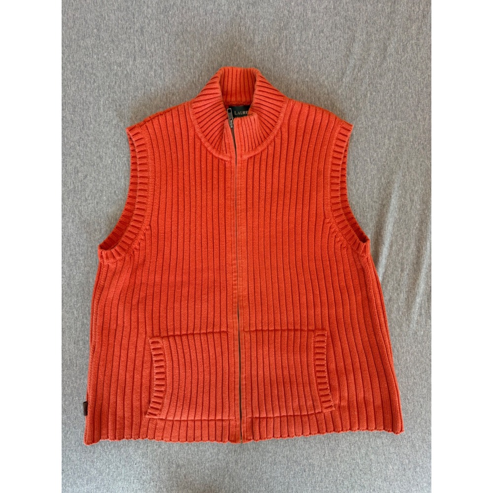 Lauren Ralph Lauren Orange Ribbed Cotton Full Zip Mock Neck Sweater Vest XL